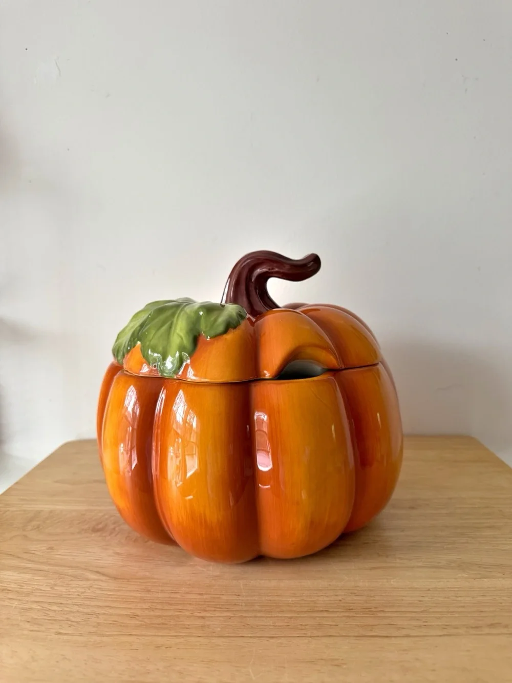 Pier 1 Hand Painted Dolomite Ceramic Pumpkin Soup Tureen Covered Casserole Dish